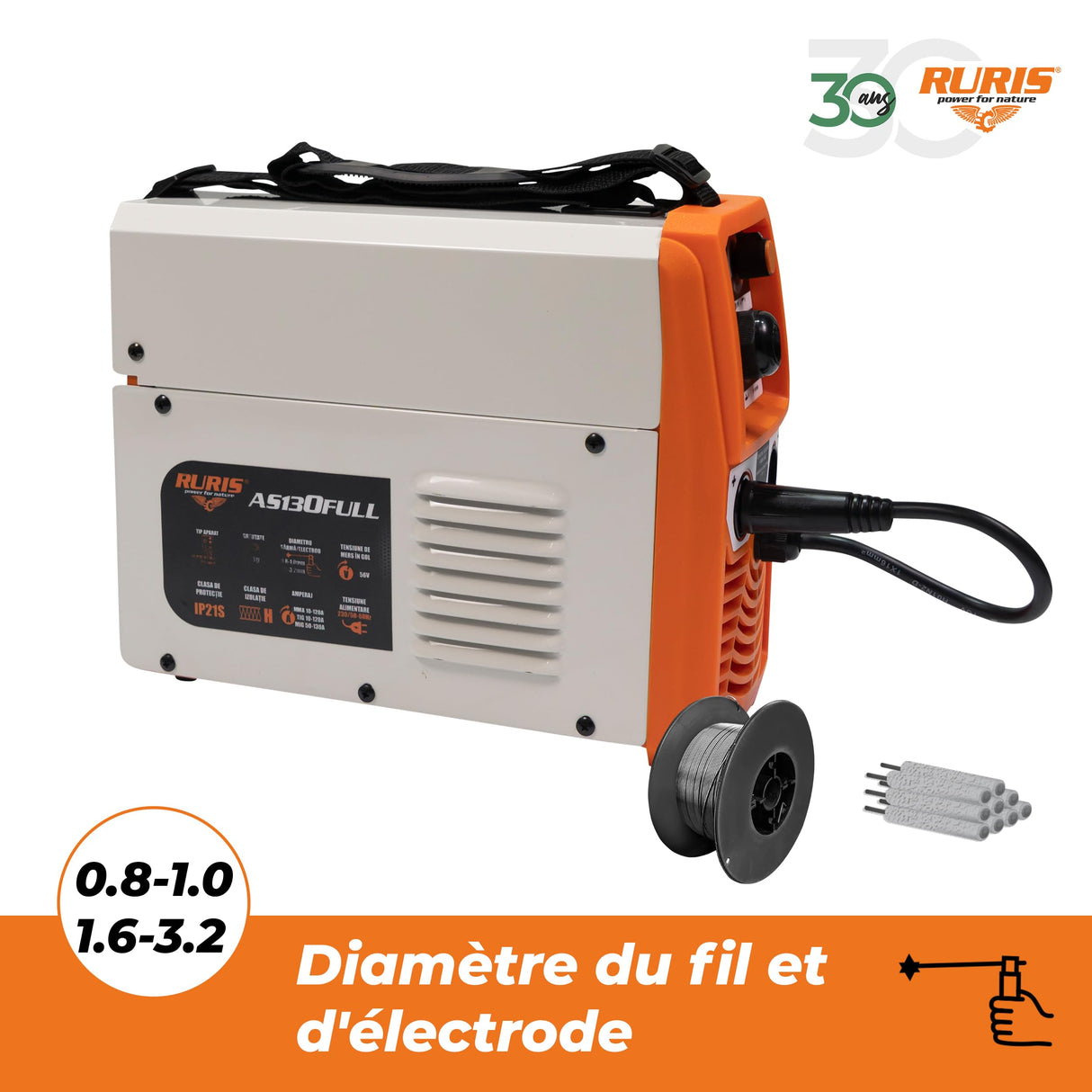 RURIS AS130FULL Welding Machine MMA/MIG/TIG + Accesorios: Mask, Hammer/Brush, Electrodos, Magnet, Gloves, Solar Welding Helmet, Apron, 0,8 mm Welding Wire.