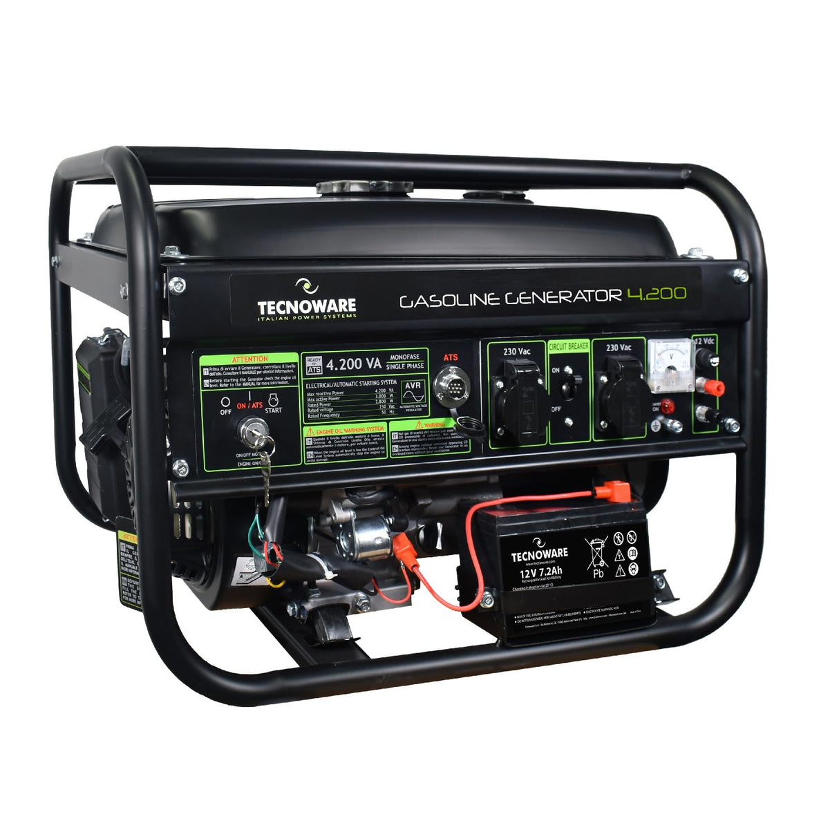 Tecnoware Power Systems - Generador de Corriente 4200 VA, Motor Gasolina 4 Tiempos, Arranque Eléctrico y Manual, Depósito 15L, Compacto y Portátil, Ideal para Camping y Construcción