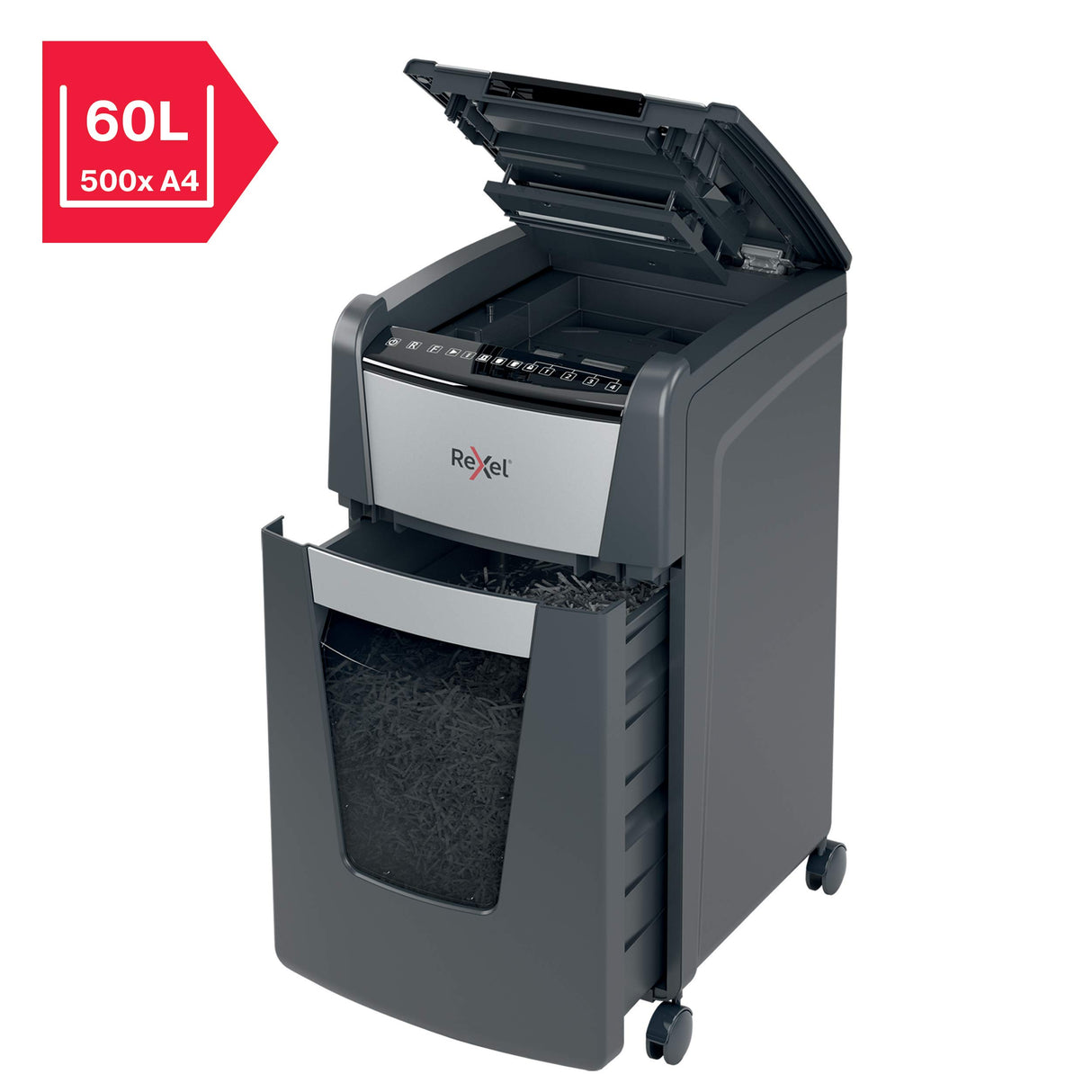 Rexel 2020300XEU - Destructora Automática Optimum AutoFeed 300X, Corte en Partículas P-4, Hasta 300 Hojas, Papelera 60L, Destruye Tarjetas de Crédito, Grapas y Clips, Negro