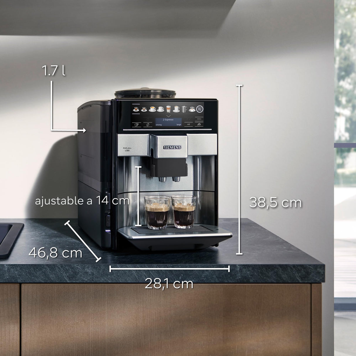 Siemens - Cafetera Superautomática, EQ6 plus s500, aromaDouble Shot, autoMilk Clean, ceramDrive, Display CoffeeSelect, Negro/Inox, TE655203RW