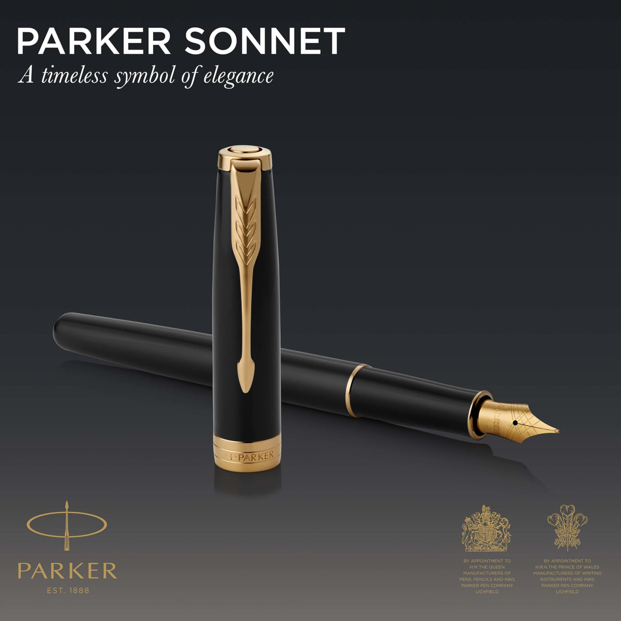 Parker Sonnet - Pluma estilográfica (lacada en negro, con adorno dorado y plumín de punto fino, en estuche)