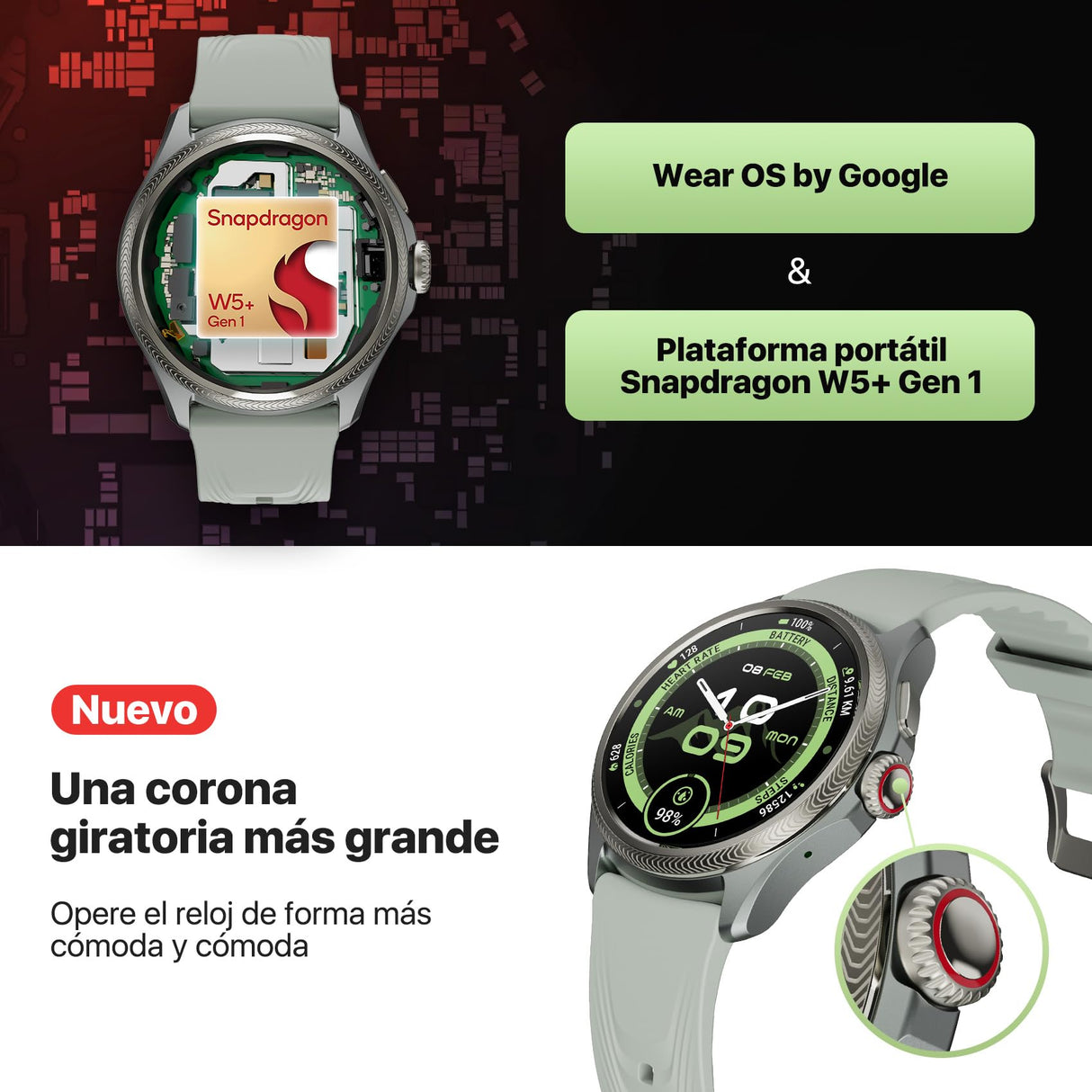 Ticwatch Pro 5 Enduro Slate Smartwatch para Hombres 1.43 "Android Wear OS Reloj Inteligente 90 Horas de batería 110+ Modos de Entrenamiento 7/24 Ritmo cardíaco No es Compatible con iPhone/iOS