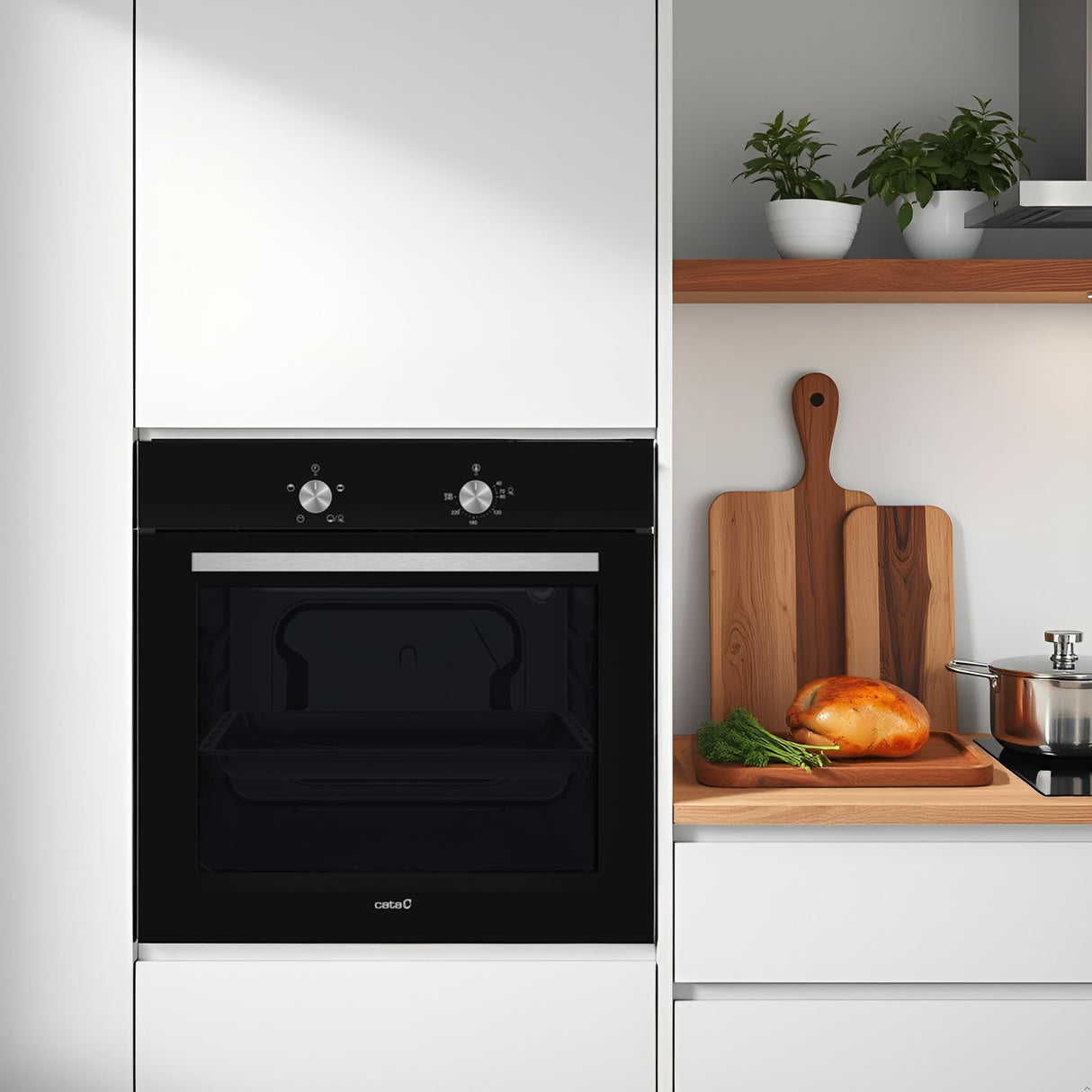 Cata Horno Estático SES 6004 BK 4 Funciones Puerta Panorámica Full Glass Limpieza AquaSmart Iluminación Interior Ancho de 60 cm Gran Capacidad 62 L Iluminación Interior Acabado Inox Cristal Negro