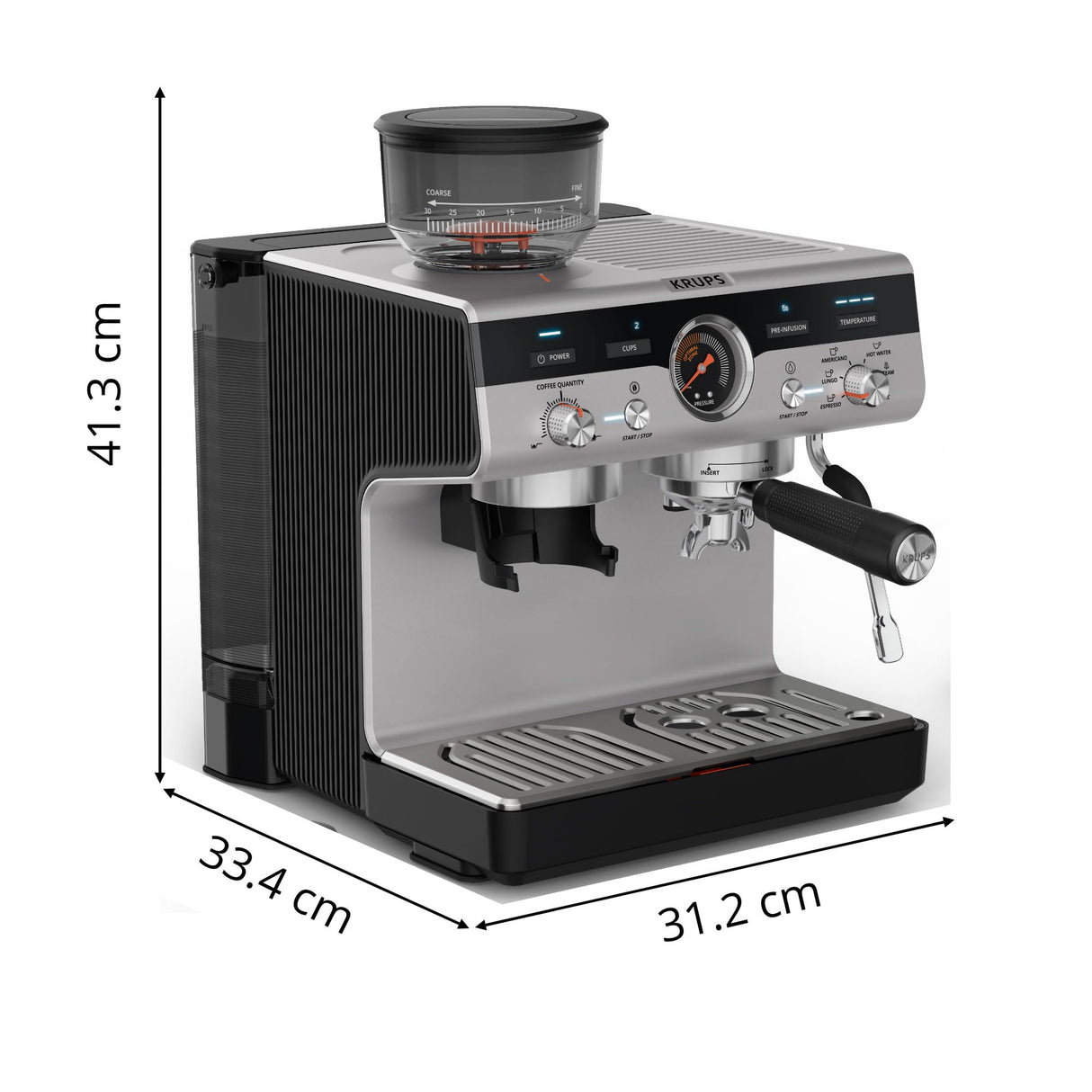 Krups Precision Cafetera profesional para espresso y capuccino,con molinillo integrado y 30 ajustes de molienda,cafetera con ajustes de preinfusión y control de temperatura,Acero inoxidable/Negro