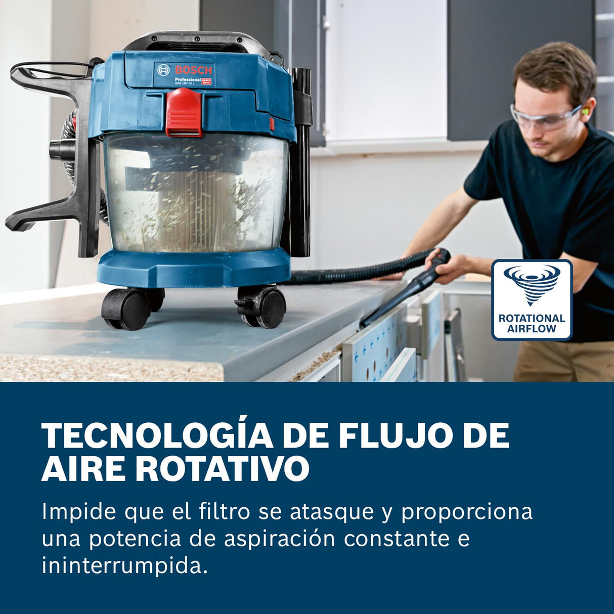 Bosch Professional 18V System GAS 18V-10 L - Aspirador a batería (depósito 10 l, 90 mbar, ruedas, sin batería)