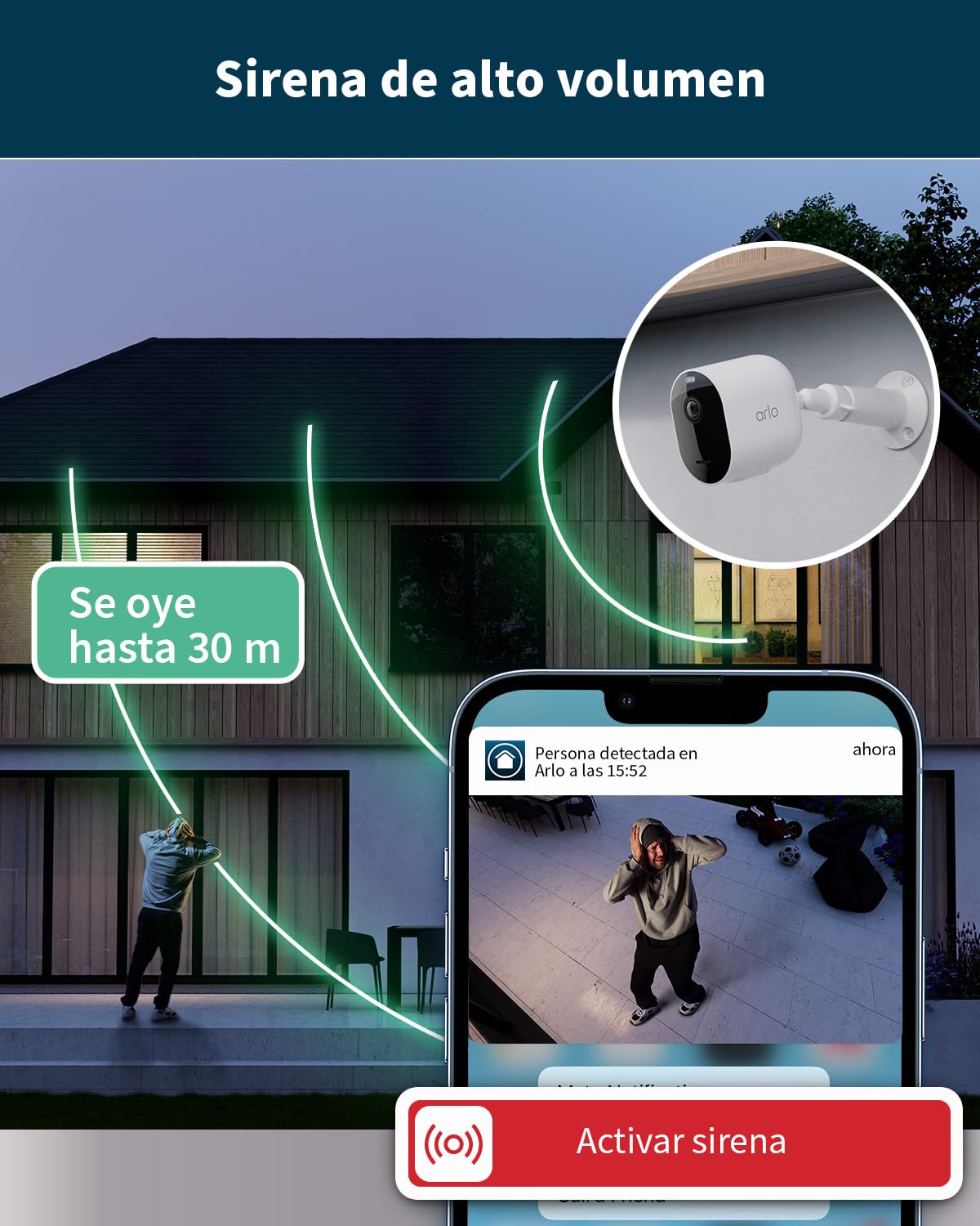 Arlo Pro 5 Camara de Vigilancia WiFi Exterior 2K, Camara Vigilancia WiFi Interior, Sensor de Movimiento, Alarmas para Casa, Visión Nocturna Color, Sirena, Prueba Secure Incluida, 1 Cámara, Blanca