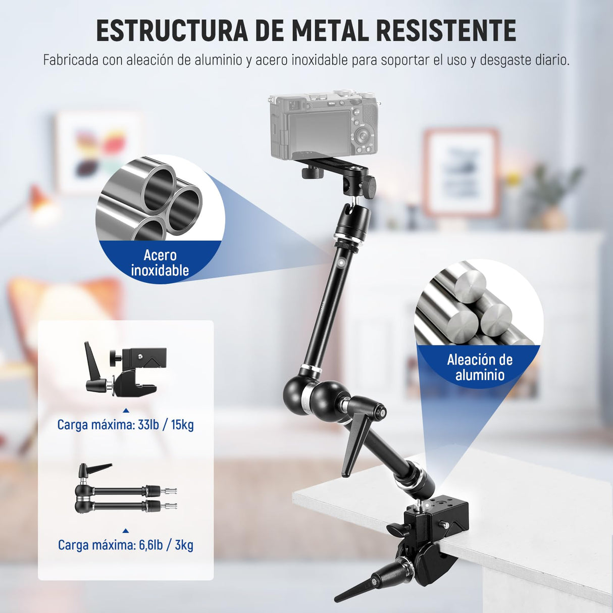 NEEWER 21" Brazo Mágico Montaje Cámara con Super Clamp,Soporte Escritorio Superior con 360° Cabezal Bola Dual,Adaptador Perno 1/4" 3/8" 5/8" para PA073 PA074 Phone Cage Rig DSLR Cámara Monitor, UA018