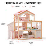 ROBUD Casa de muñecas de Madera,Villa de muñecas con Muebles,con Ascensor, Garaje, cenador y Piscina,Regalo para niños a Partir de 3, 4, 5, 6 años y Mayores,Rosa