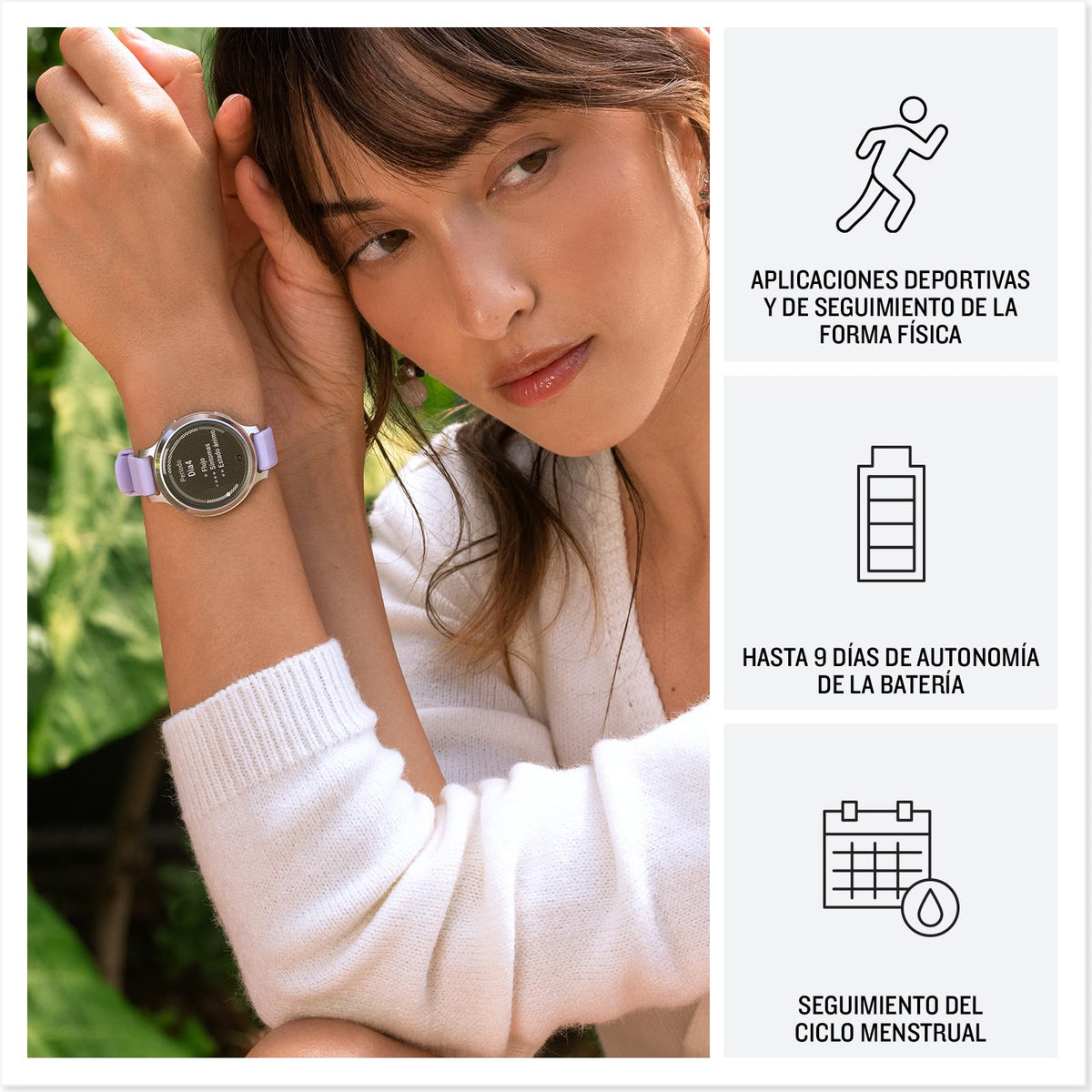 Garmin Lily 2 Active, Reloj Inteligente con GPS, Diseño Elegante, Datos de Salud y Forma Física, Pantalla Táctil, Notificaciones Inteligentes, Autonomía hasta 9 días, Plata con Correa Morada