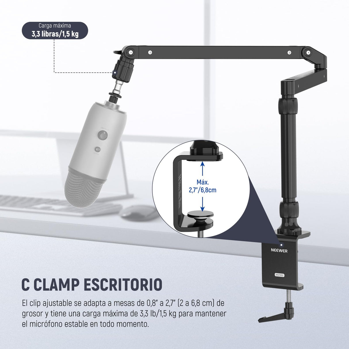 NEEWER Soporte Escritorio con Mic Brazo Perfil Bajo con Amortiguación, 360° Brazos Articulados Giratorios con Poste Elevado y Canales Gestión Cables para Micrófono, Podcast, Streaming, Zoom, MST002