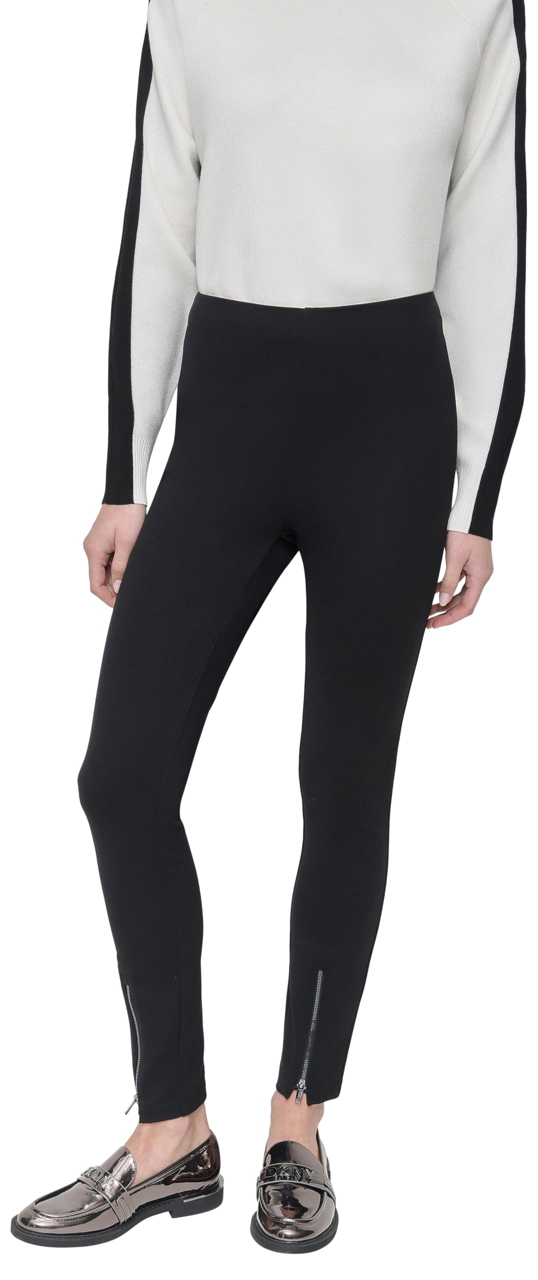 DKNY Pull On Ponte Pant W/Zipper Detail Pantalones, Negro, L Mujeres