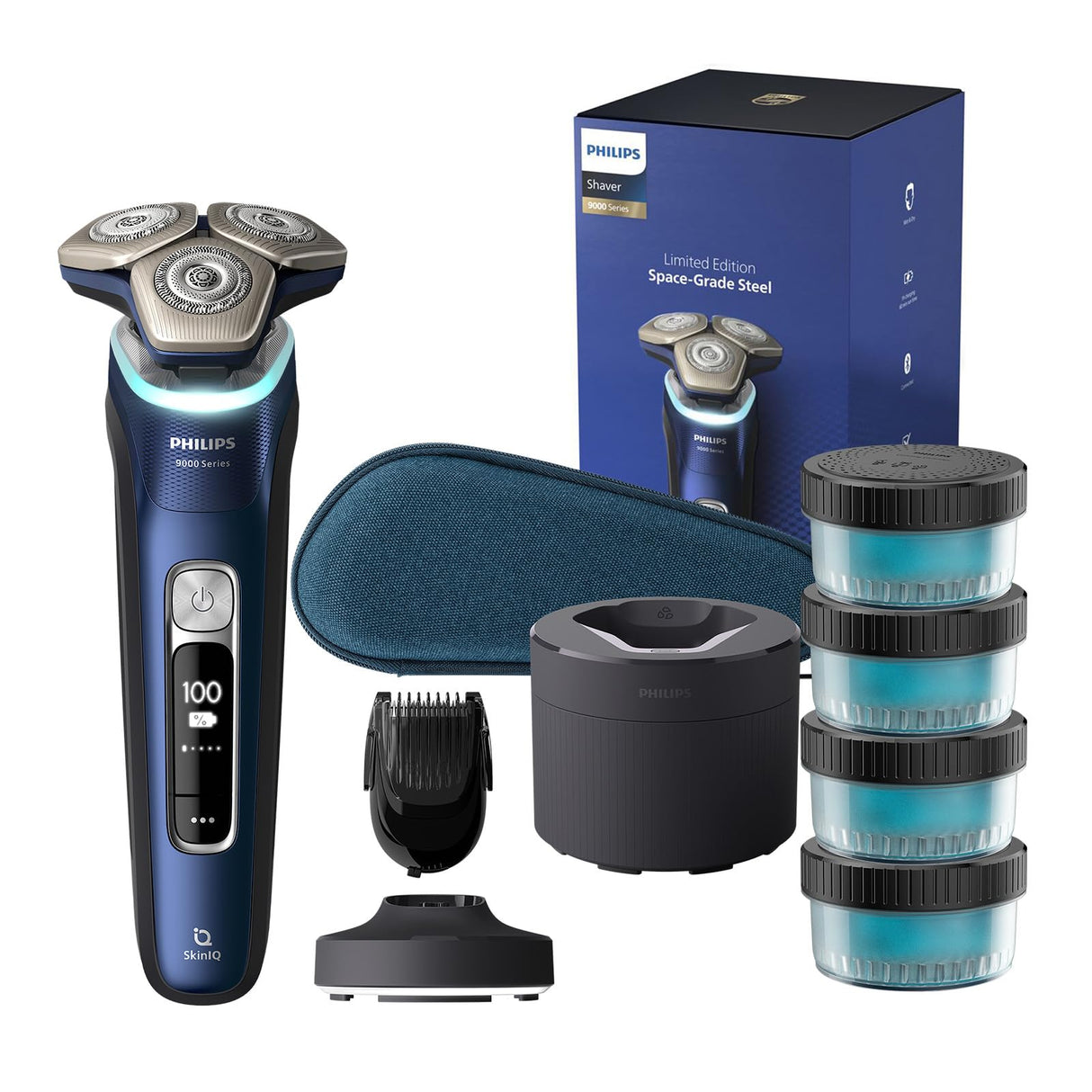 Philips Serie 9000 Afeitadora Eléctrica Hombre, Máquina de Afeitar Barba con Barbero, 60min de uso, En Seco y Húmedo, Recargable, Centro de Limpieza, Base Carga Iluminada, 4 Cartuchos, S9980/74, Azul
