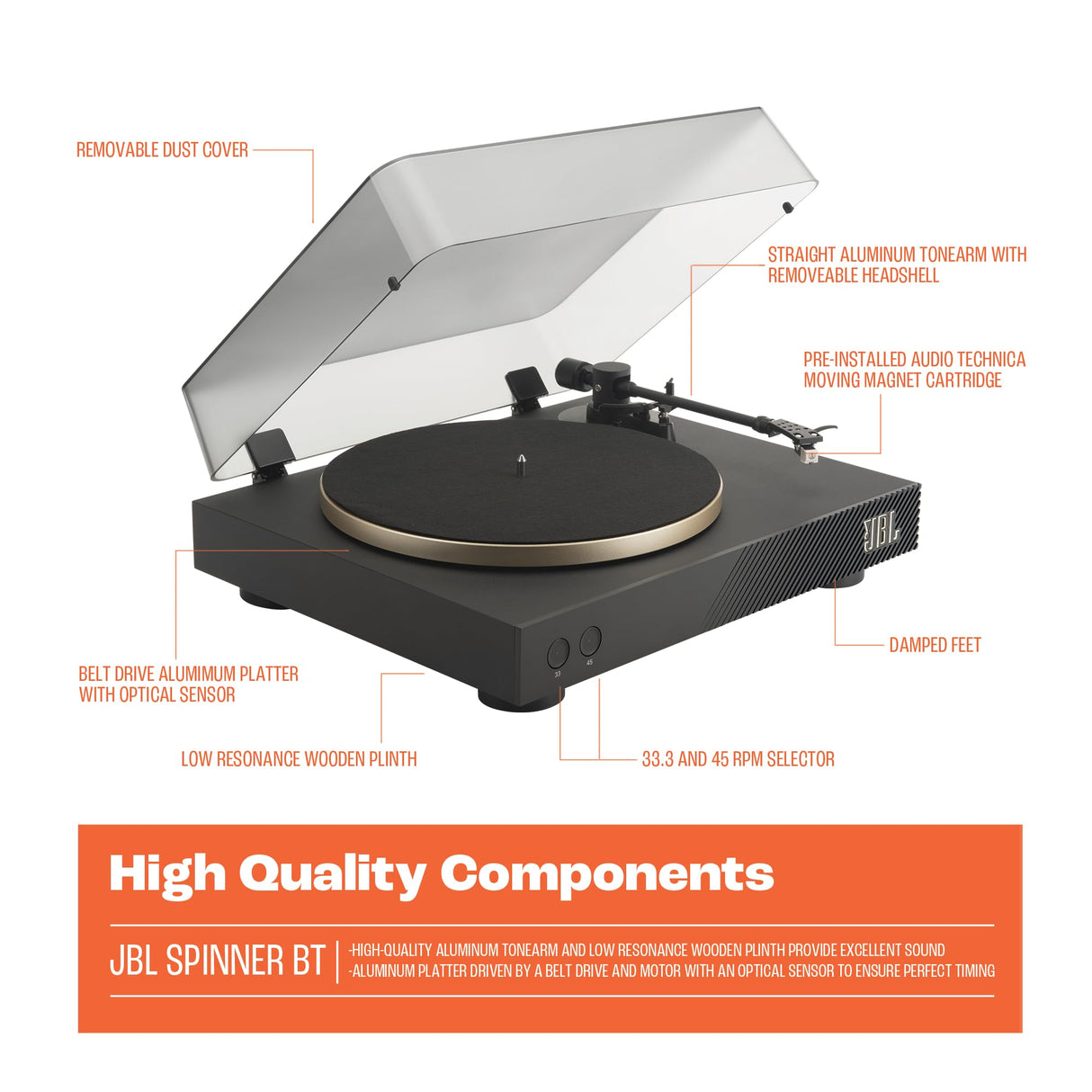 JBL Spinner BT, Tocadiscos Bluetooth con AptX-HD, cabezal extraíble, plato de aluminio y transmisión por correa, cartucho magnético móvil preinstalado, en negro y dorado