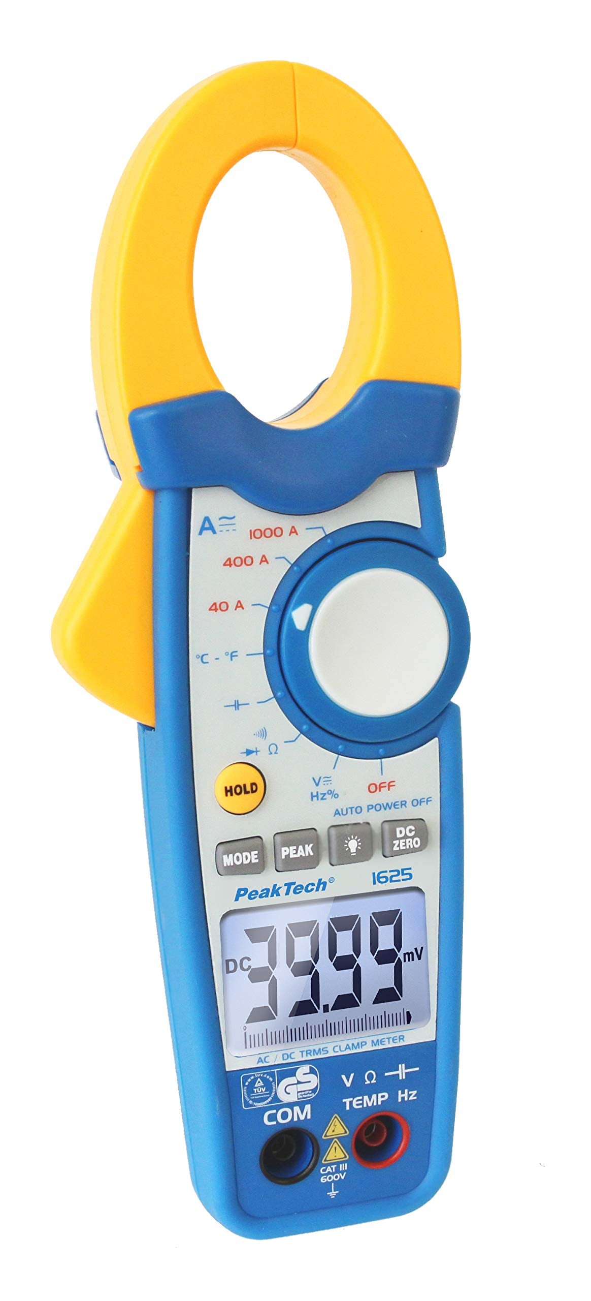 PeakTech 1625 – Pinza amperimétrica RMS 1000A AC/DC, multímetro digital, TUV/GS, 4000 cuentas, voltímetro sin contacto, medición de corriente, probador de continuidad - Max 600 V