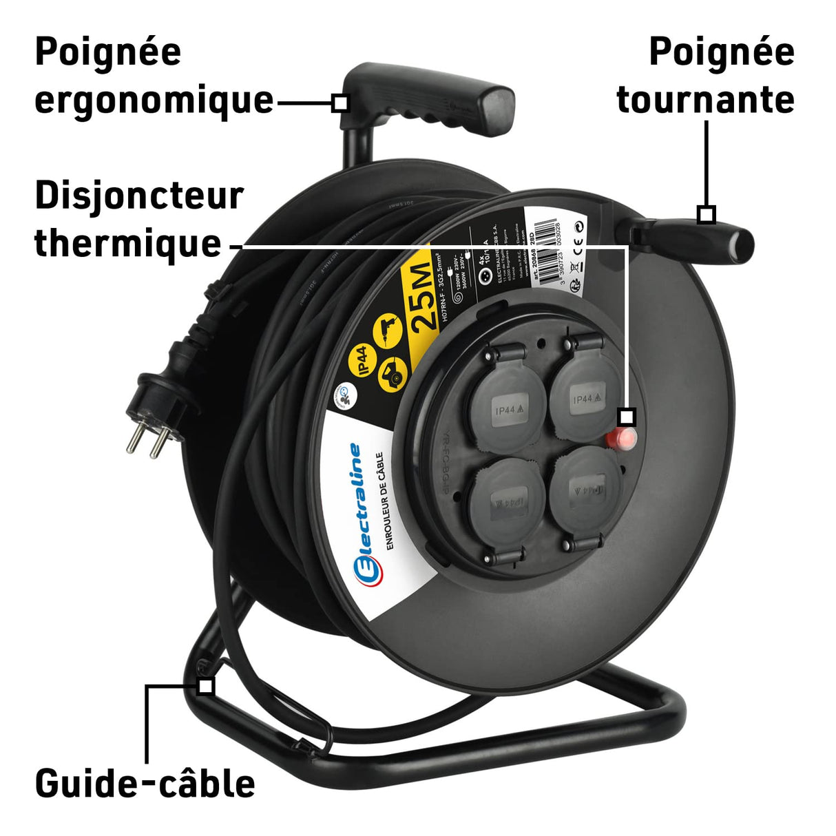 Electraline 20868128D - Prolongador eléctrico (IP44 profesional (25 m, con enrollamiento), color negro