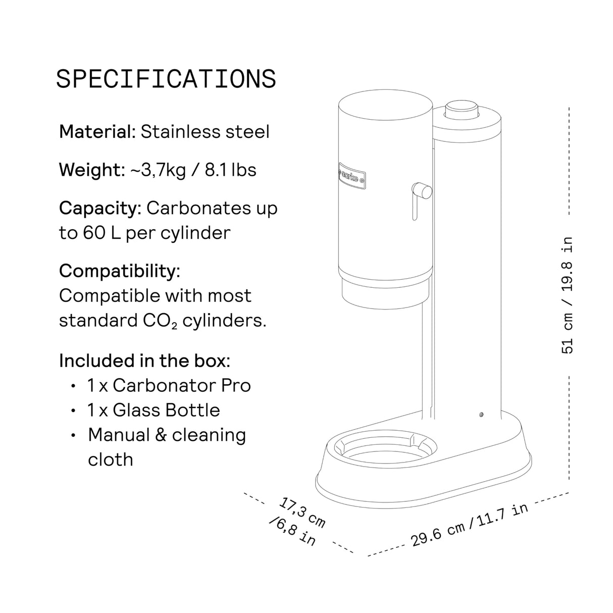 Aarke Carbonator Pro, Máquina para hacer Agua con Gas, con Botella de Vidrio, Acabado en Acero