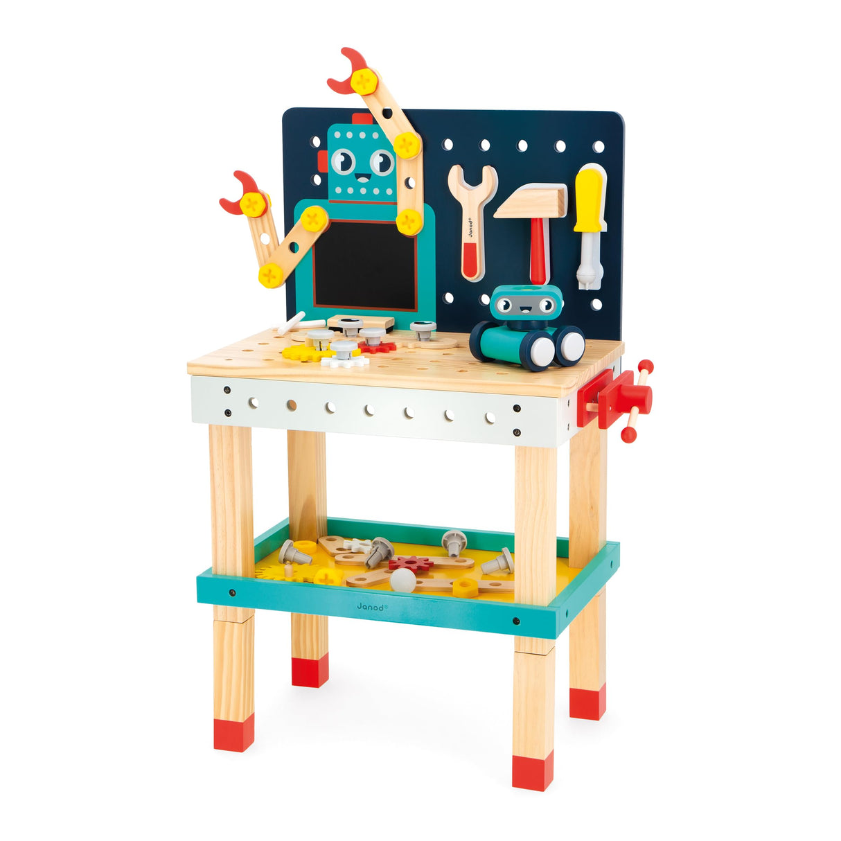 Janod - Mesa Grande Robot Brico'Kids - Juego de Bricolaje Infantil - 51 Accesorios + 3 Herramientas + 1 Robot - Juego de Imitación - Desarrolla la Motricidad Fina - A Partir de 36 Meses, J06457