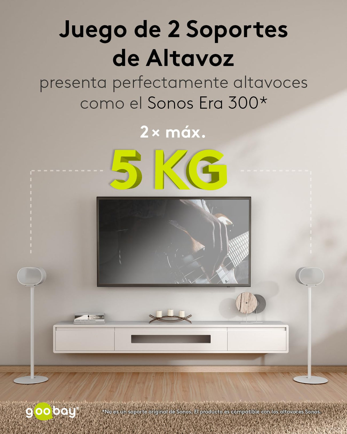 goobay Soporte para Altavoces Sonos Era 300, Capacidad de Carga de 5 K, gestión de Cables, 71,5 cm de Altura, Blanco, 71985