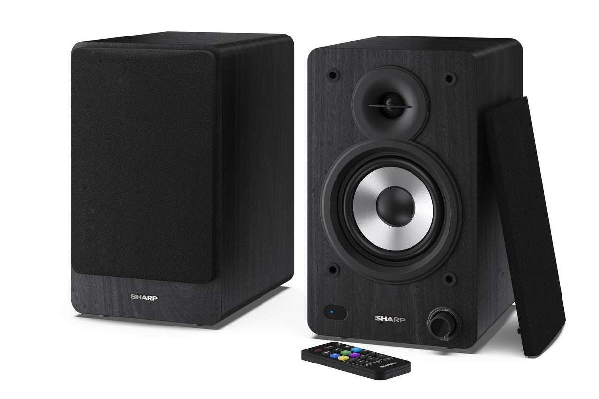Sharp CP-SS30(BK) Pareja Altavoces estantería Activos 2vías, 60W RMS (2x30W) Carcasa Madera, Bluetooth v5.0, USB, óptica, Auxiliar, RCA, Ajuste Graves y Agudos, Rejilla extraíble, Mando a Distancia.