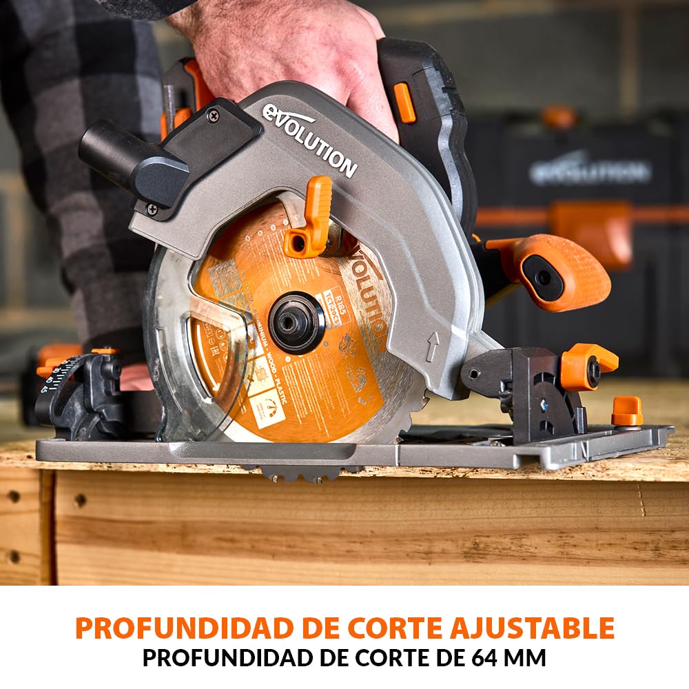 Evolution Power Tools R185CCSX-Li Sierra circular sin cable compatible con carril 18v Li-Ion, sin escobillas, Incluye hoja TCT Multi-Material, Corta Madera, Metal, Plástico, Batería no incluida, 185mm