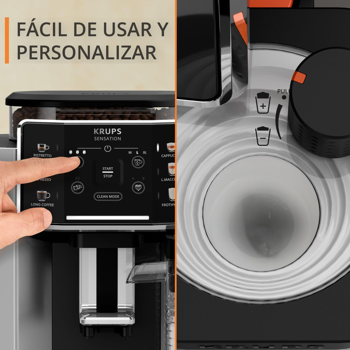Krups Sensation Milk, Cafetera Automática, 6 Bebidas a Base de Café y Café con Leche, Tecnología Milk Maestro, Jarra de leche integrada, Fácil de Usar, Plateado, EA912E10