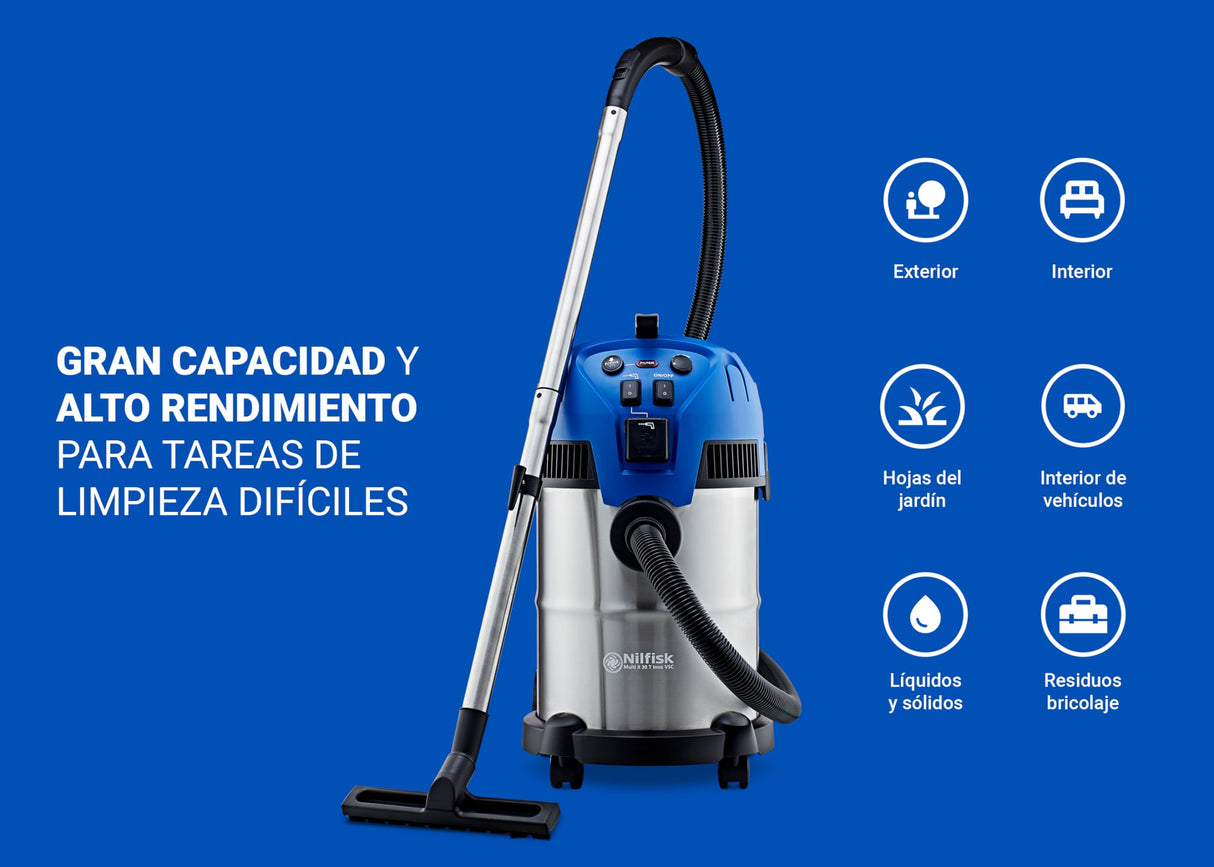 Nilfisk Multi II 30L T Aspirador de Agua y Polvo Potente - Aspiradora de Bricolaje para Sólidos y Liquidos, Seco y Húmedo, Exterior e Interior (1400 W)