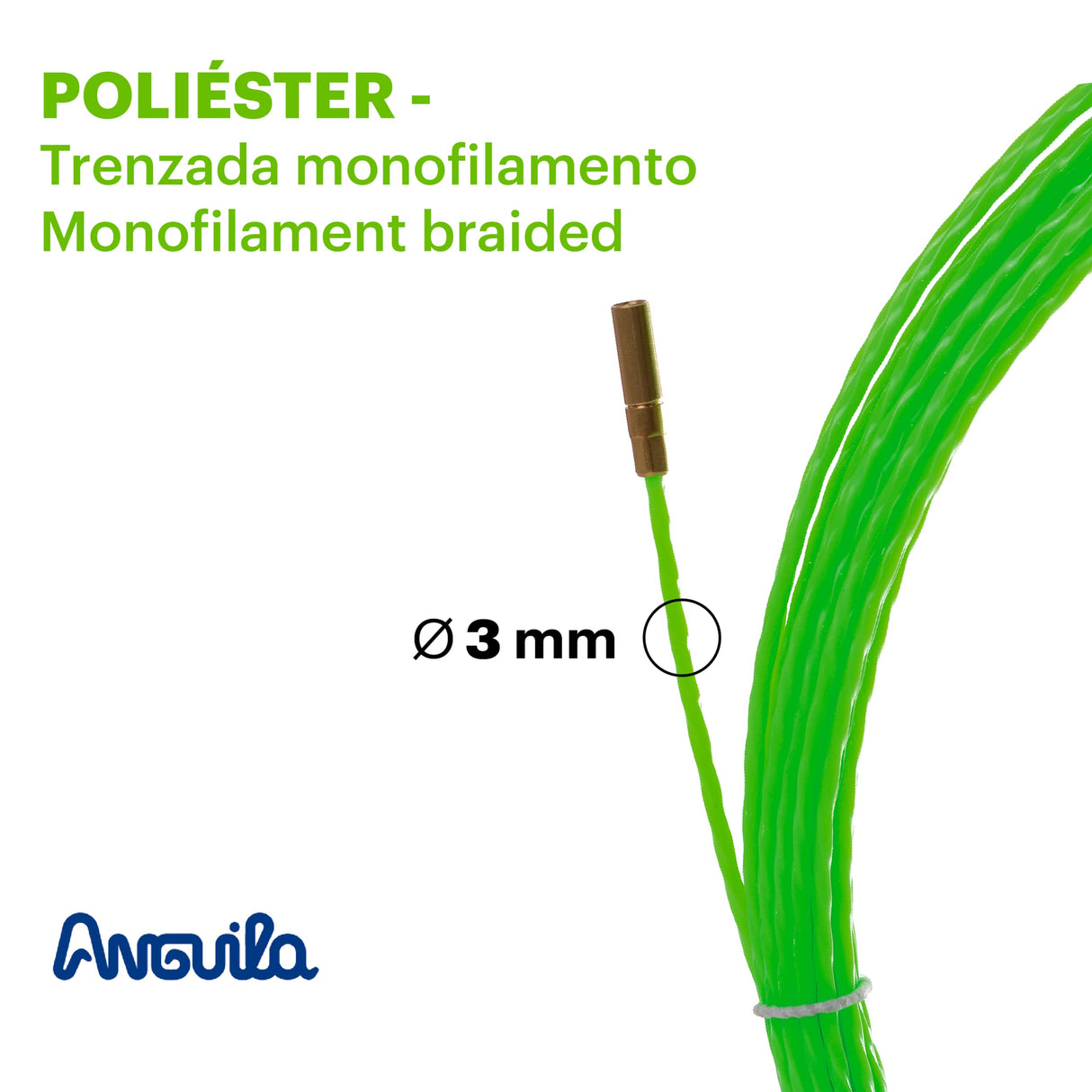 Anguila Max 7.3300.012 Guía pasacables Especial Tubos Poliéster Trenzada Monofilamento 3mm 12 Metros y terminales Fijos con Lazo, Verde