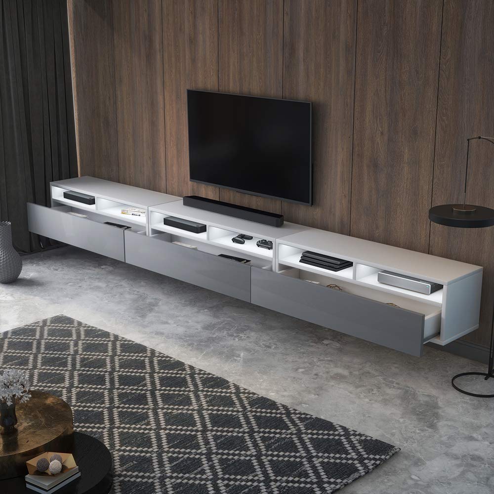 SELSEY REDNAW - Mueble de TV Moderno con 3 cajones, 300 cm, Color Blanco Mate, Gris Brillante, iluminación LED