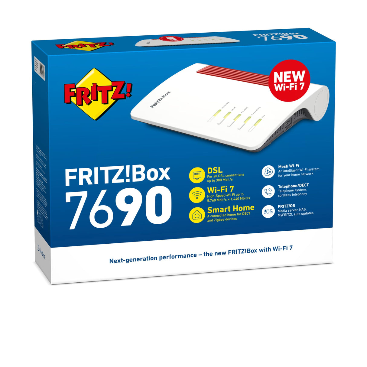 FRITZ!Box 7690 International, Router, WiFi 7, Banda Dual 4x4 (5760 Mbps 5GHz y 1440 Mbps 2,4 GHz), Mesh, WAN 2.5Gb, 2 x LAN Gigabit, LAN 2.5Gb, 1 x USB 3.0, Base DECT, Servidor Multimedia