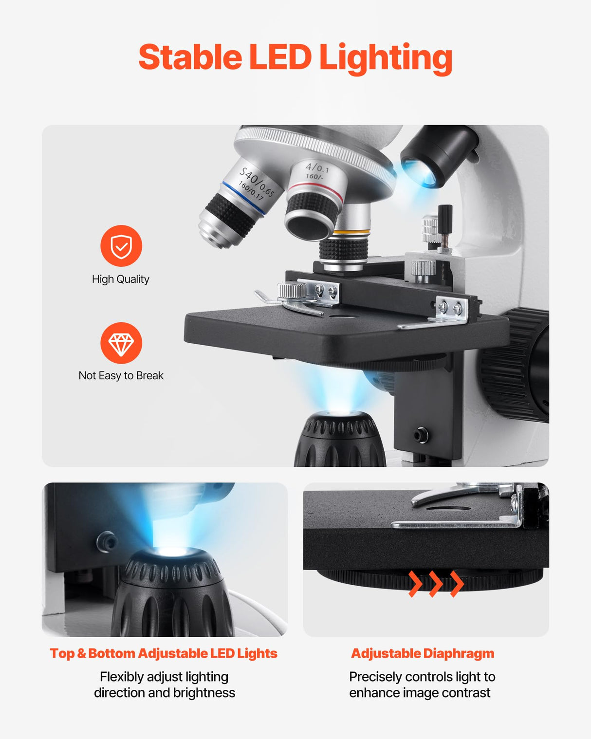 VEVOR Microscopio Compuesto con Aumento de 40-2000X Kit de Microscopio Binocular Cuerpo de Aleación de Aluminio, Luz LED, Soporte para Teléfono, para Estudiantes, Laboratorios, Escuelas, Hogar