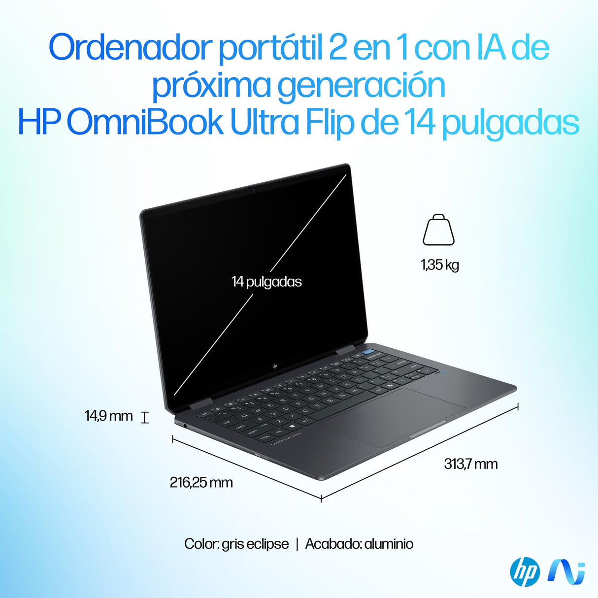 HP OmniBook Ultra Flip 14-fh0002ns - Ordenador Portátil Convertible de 14" OLED 2.8K 120Hz (Intel Ultra 7-258V, 32GB RAM, 1 TB, Intel ARC, Windows 11) Negro - Teclado QWERTY Español