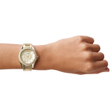 Fossil Riley Reloj para mujer, movimiento cronógrafo con correa de acero o piel, Dorado y purpurina, 38MM