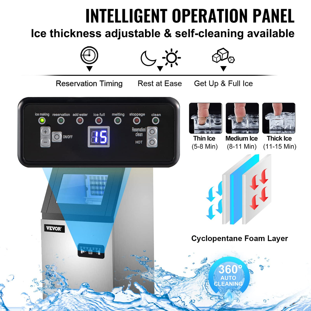 SucceBuy Máquina para Hacer Hielo de Acero Inoxidable de Calidad Alimentaria, Trituradora de Máquina de Hielo Comercial, 280W, 68kg/24 horas, Panel de Control LCD Inteligente