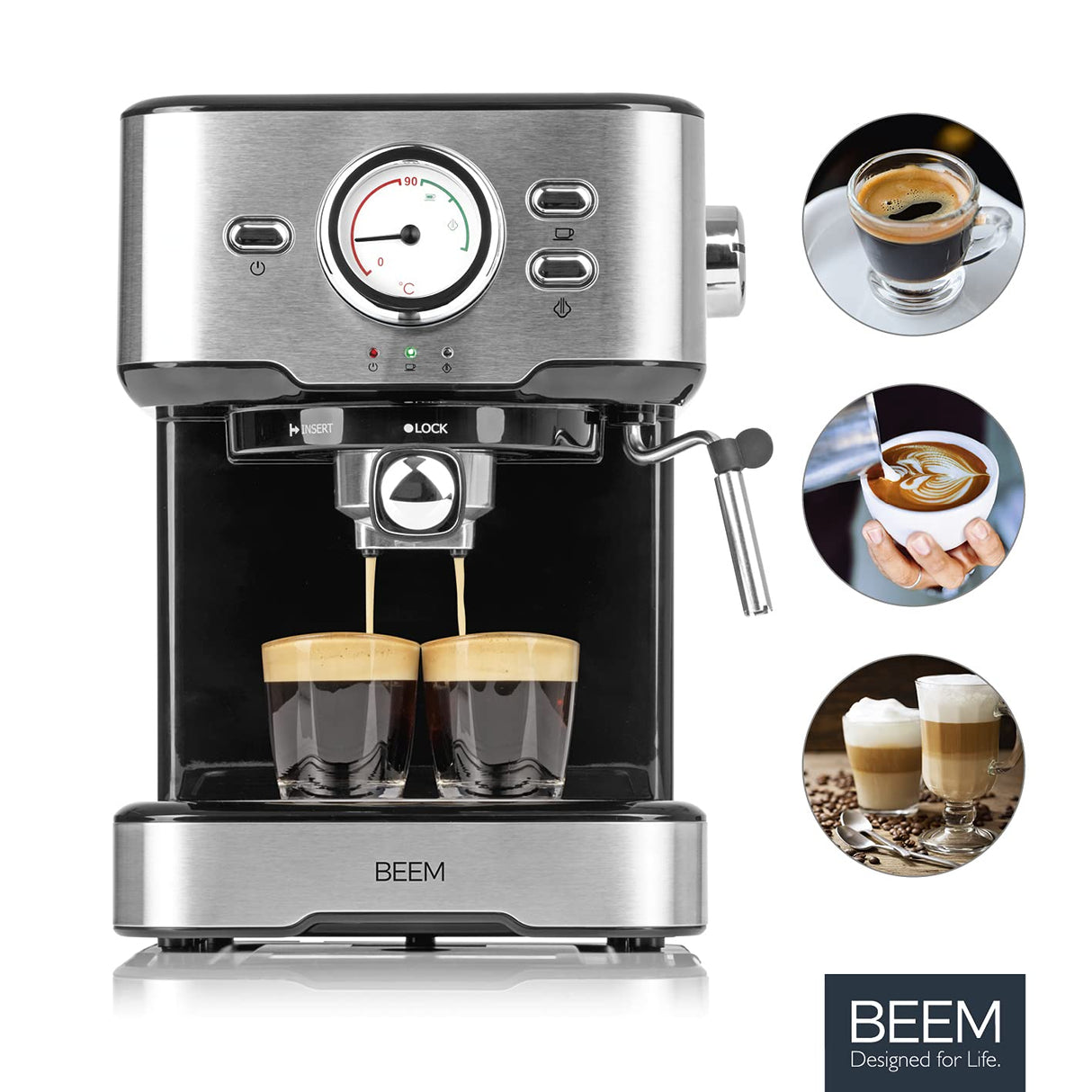 BEEM ESPRESSO-SELECT Máquina de café espresso en diseño clásico | Máquina portafiltros con 15 bar y boquilla de espuma de leche profesional para tus especialidades de café | Especialidades del café