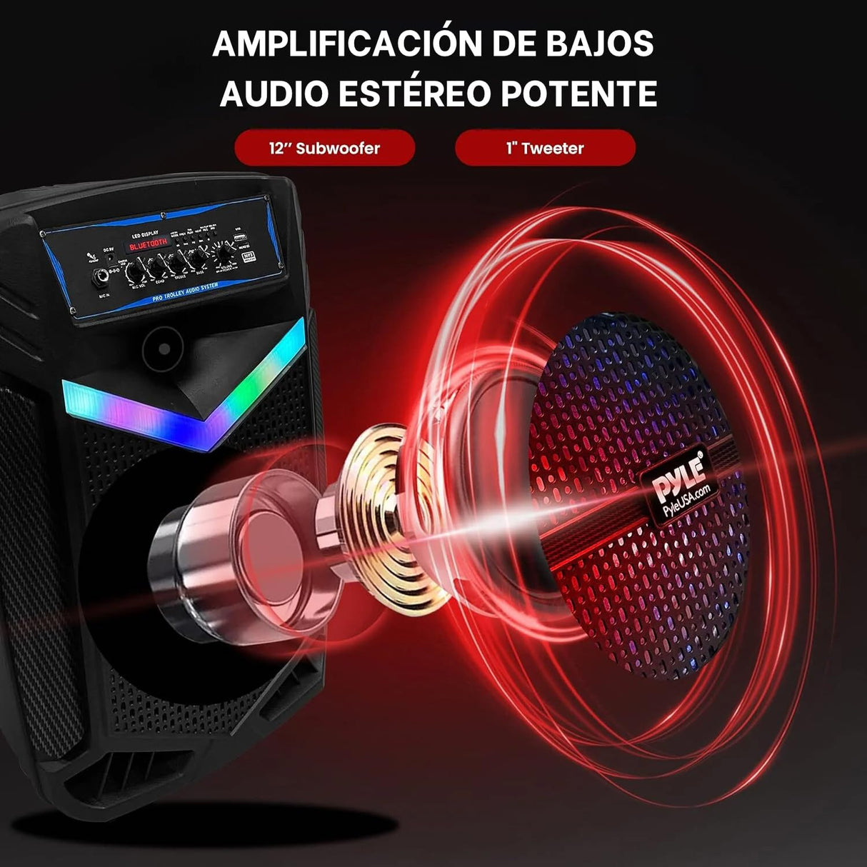 PYLE Sistema de Altavoces, PA, 800W, Bluetooth, portatil, Recargable, Exteriores, subwoofer de 12”, Tweeter de 1”, función de grabación, micrófono, Luces de Fiesta, Radio USB/SD, Color Negro