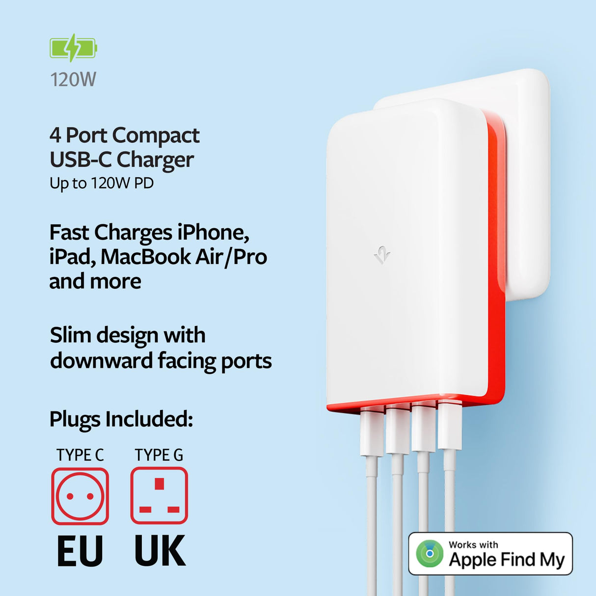 Twelve South PlugBug - Bloque de Carga USB-C (120 W, 4 Puertos de Carga rápida para iPhone, iPad, MacBook y Otros, con Apple Find My Integration y Cargador rápido USB Tipo C