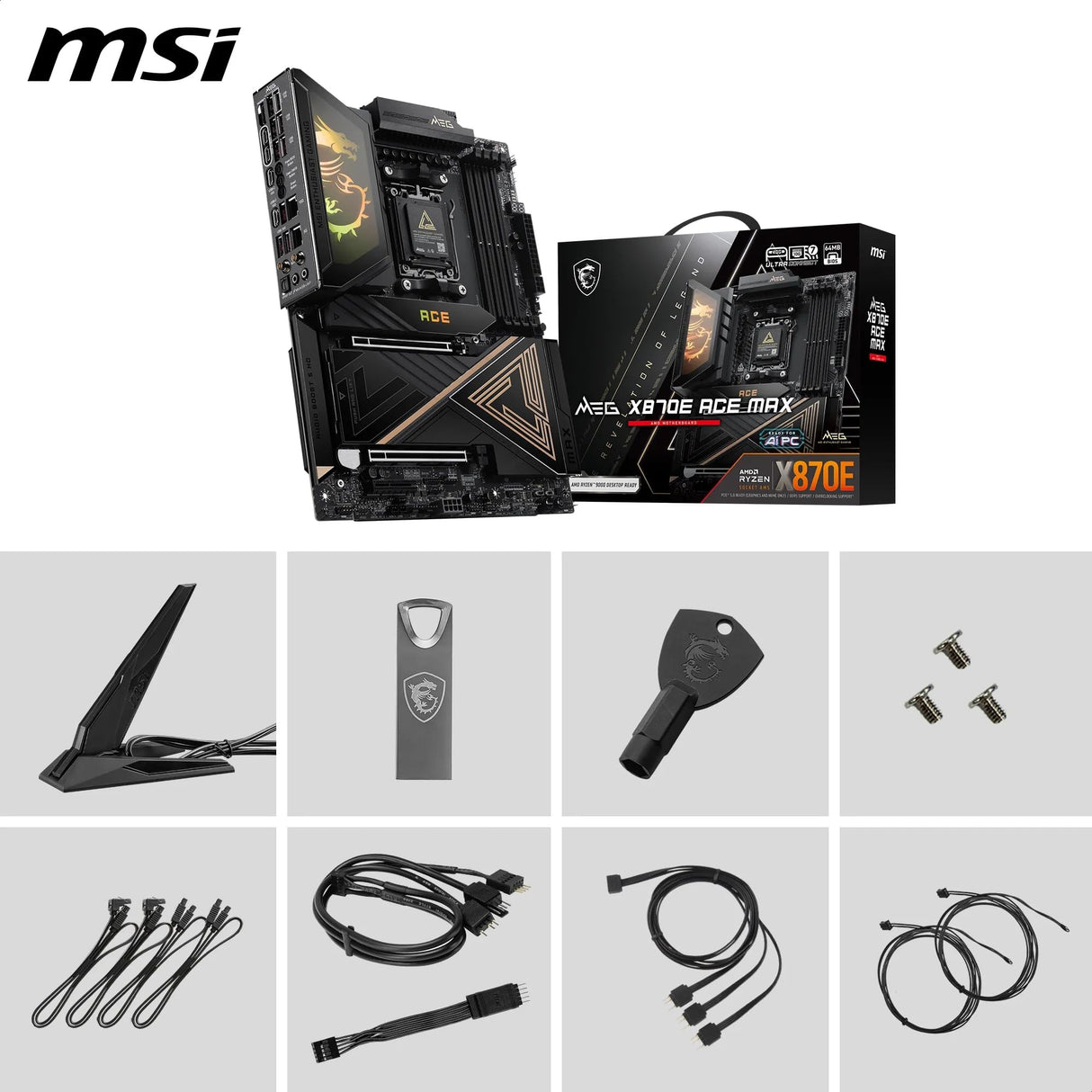 MSI Placa Base Meg X870E Ace MAX, ATX. Soporta procesadores AMD Ryzen 9000/8000/7000, AM5-64MB BIOS ROM, 110A SPS VRM, Memoria DDR5 (hasta 9000+ MT/s OC), M.2 y PCIe 5.0, USB4, Wi-Fi 7, 10G LAN