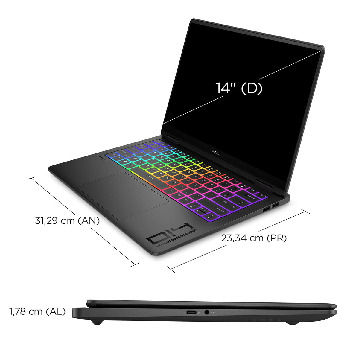 HP OMEN Transcend 14-fb0008ns - Ordenador Portátil Gaming de 14" OLED 2.8K 120Hz (Intel Core Ultra 9 185H, 32GB RAM, 1 TB, NVIDIA GeForce RTX 4060, FreeDOS) Negro - Teclado QWERTY Español