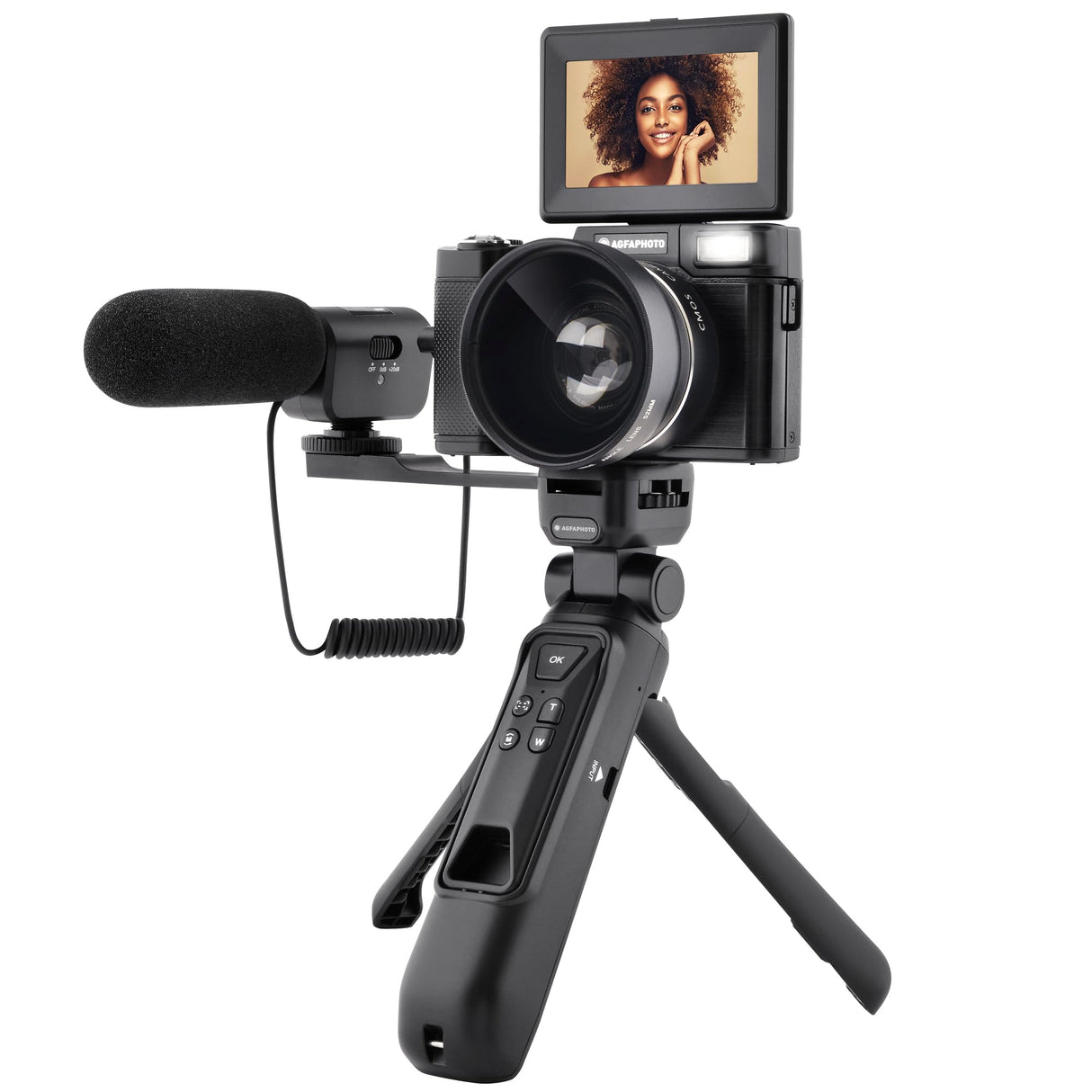 AGFA PHOTO Realishot VLG-4K Kit Vlogging - Cámara 24MP, Video 4K, Pantalla LCD 3’’, Zoom Digital 16X, Sensor CMOS, Batería de Litio - Negro