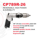 Chicago Pneumatic CP789R-26 - Air Power Drill, 3/8 Inch (10mm), Reversible, Keyed Chuck, Aluminum Housing, Pistol Handle, 0.43 HP / 320 W, Stall Torque 3.1 ft. lbf / 4.2 NM, 2600 RPM, Home Improvement