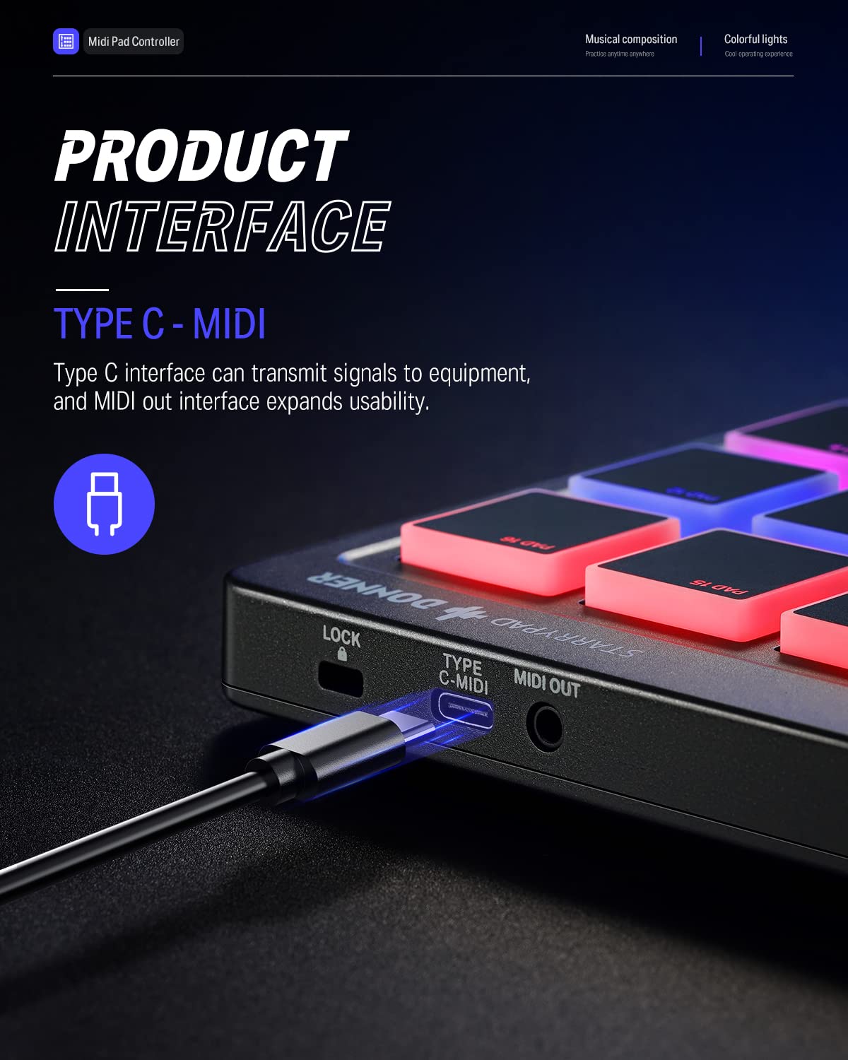 Donner Teclado controlador de almohadilla MIDI USB tipo C, máquina de almohadilla de tambor profesional Beat Maker con 16 almohadillas, salida MIDI, 2 atenuadores asignables y pomos