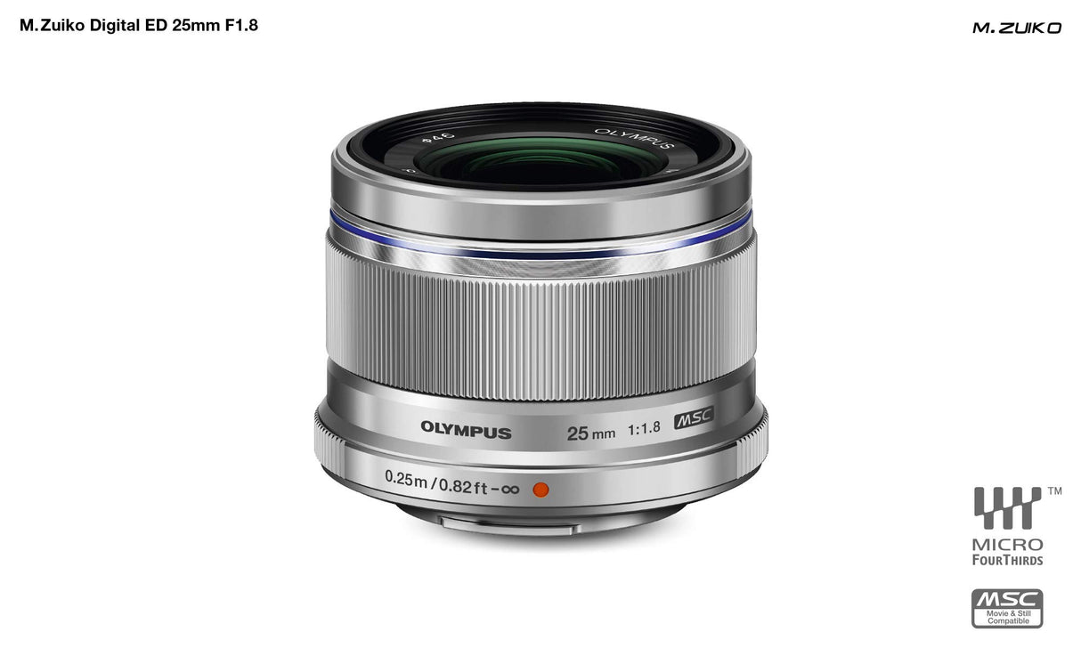 Objetivo Olympus M.Zuiko Digital 25 mm F1.8, Longitud Focal Fija rápida, Apto para Todas Las cámaras MFT (Modelos Olympus OM-D & Pen, Serie G de Panasonic), Plata