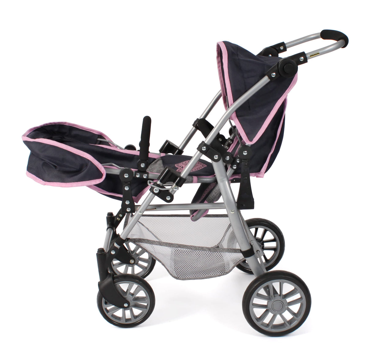 Bayer Chic 2000 - Cochecito para muñecas Twinny, Cochecito Doble para Dos muñecas, Cochecito Gemelo para niños de 4 a 8 años, Melange Gris-Azul Marino
