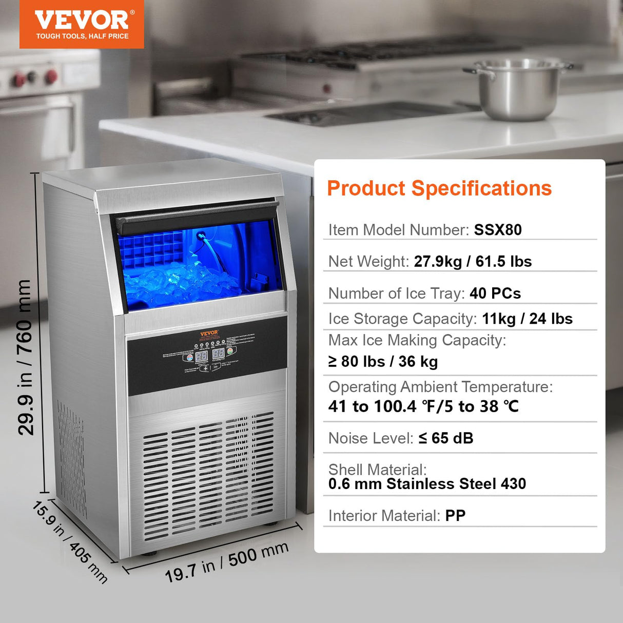 VEVOR Máquina para Hacer Cubitos de Hielo Comercial 36kg/24h, 40 Bandejas para Cubitos de Hielo Capacidad de Almacenamiento de 11 kg Autolimpieza Sin Instalación Independiente para Hogar, Restaurante