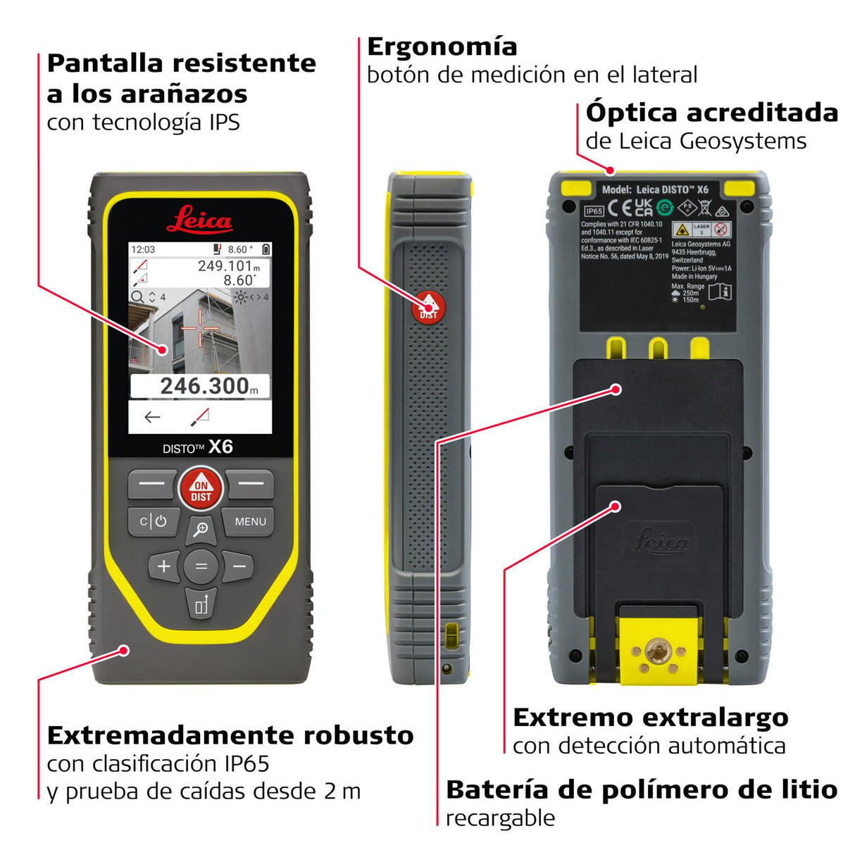 Leica DISTO X6: Resistente medidor láser de Distancia (IP65) con Bluetooth y cámara de Puntero láser para mediciones de Distancia bajo Las Condiciones más Adversas (Interiores y Exteriores)