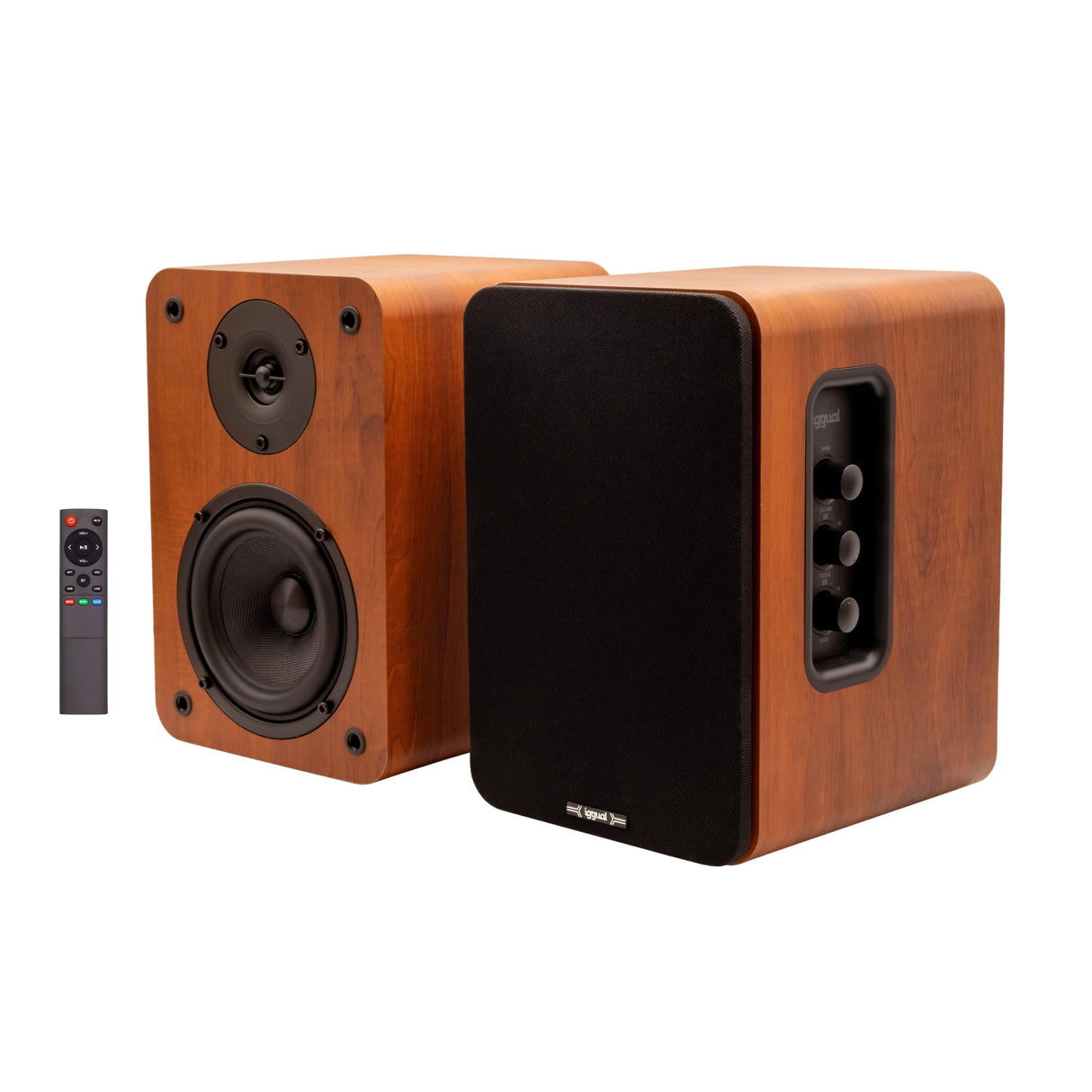 iggual- Altavoces Activos Bluetooth para Ordenador 50W - Altavoz de estantería 2.0. -Home Studio.- Conectividad: Bluetooth 5.3, USB, 2 x RCA (estéreo), HDMI ARC, Óptico Digital Mando a Distancia