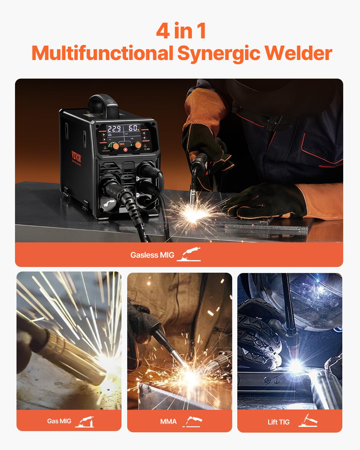 VEVOR Máquina de Soldadura MIG Sinérgica de 200 A, Máquina de Soldadura Multiproceso 4 en 1 con Tecnología de Inversor IGBT y Pantalla LCD, de Forma más Inteligente, 430 x 180 x 320 mm, Negro