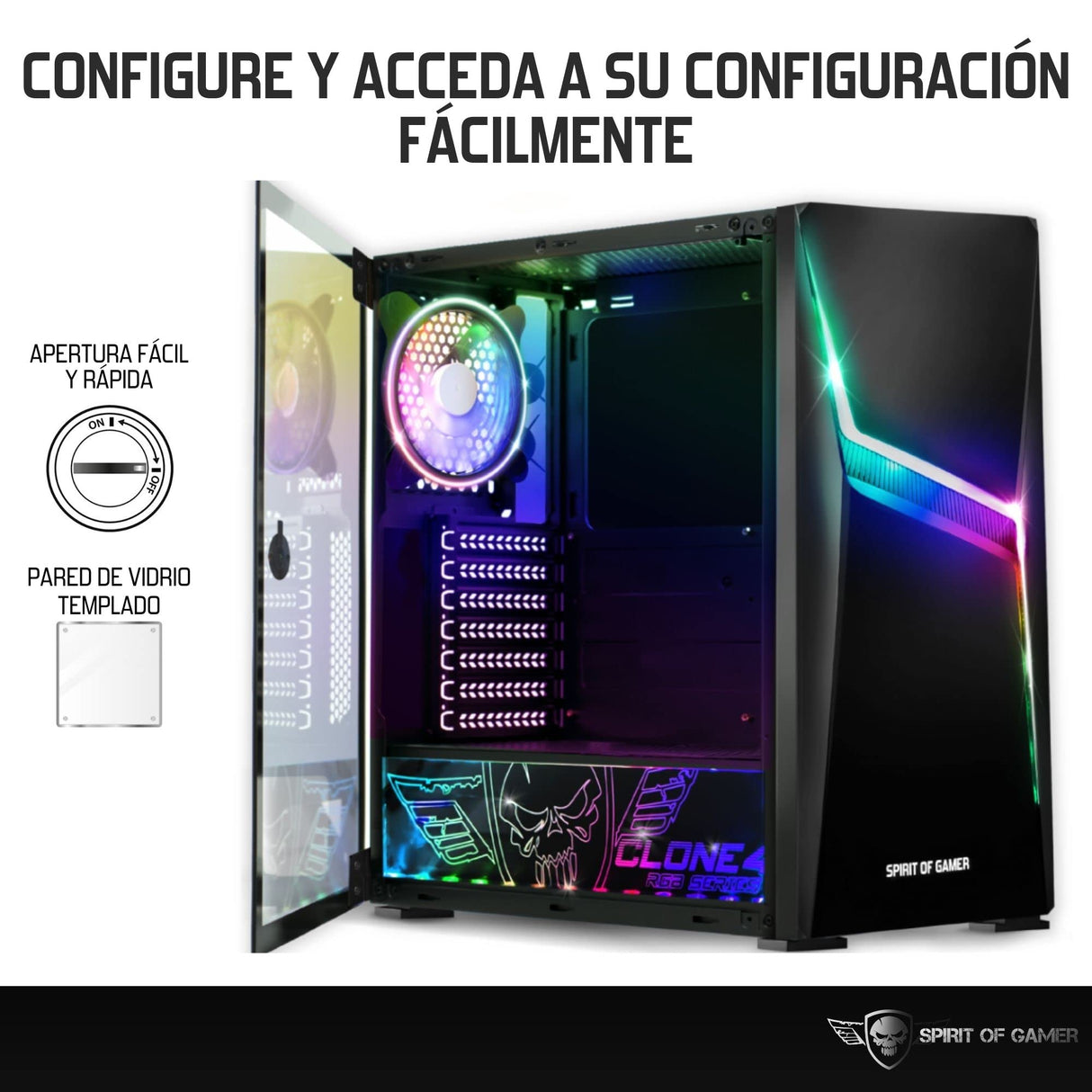 SPIRIT OF GAMER - Clone 4 - Caja PC Gaming RGB con Pared Transparente De Vidrio Templado - CREA Tu Propia Torre PC Gamer - Torre Compatible con ATX/MATX/ITX - 2 Ventiladores de 120 mm incluidos