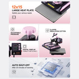 VEVOR 5 en 1 Máquina de Prensado por Calor con Prensa de Vaso de 887 ml, 290 x 380 mm, Prensa Térmico con Giro de 360° y Revestimiento de Teflón para Camiseta, Taza, Sombrero y Plato, Negro y Rosa