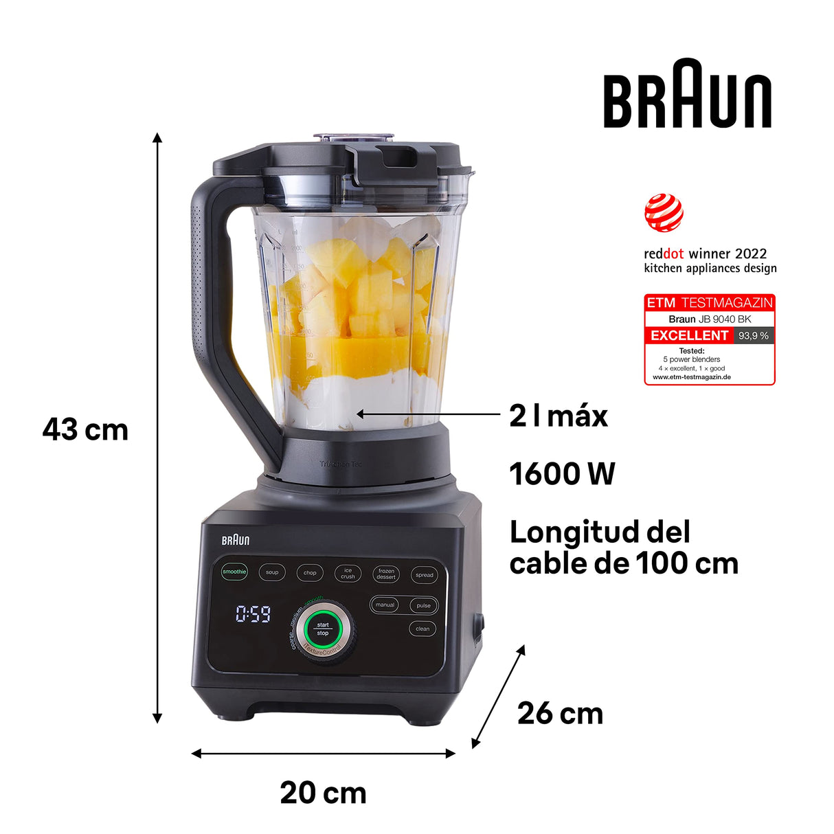 Braun Batidora PowerBlend JB 9040 de Válvula Triangular, 10 Ajustes de Velocidad Manual + Botón Pulse, Motor de 1600W, Vaso de 2L, Fácil de Limpiar, Negra
